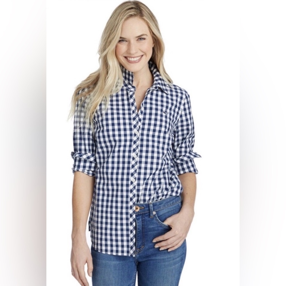 Vineyard Vines Blouse Top Seabreeze Gingham Button Up Pocket Navy/ White Sz 10